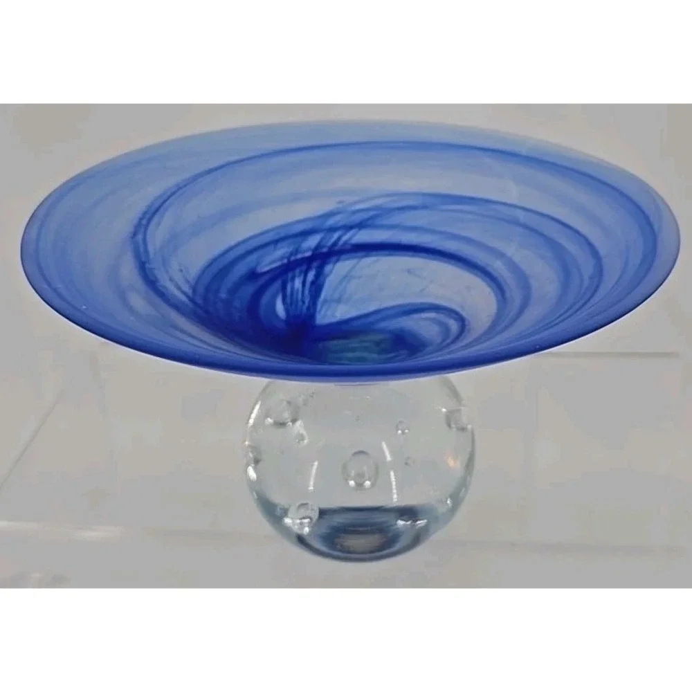 Satin blue Swirl Compote  Polished  Clear Glass Base W/ Bubbles 7